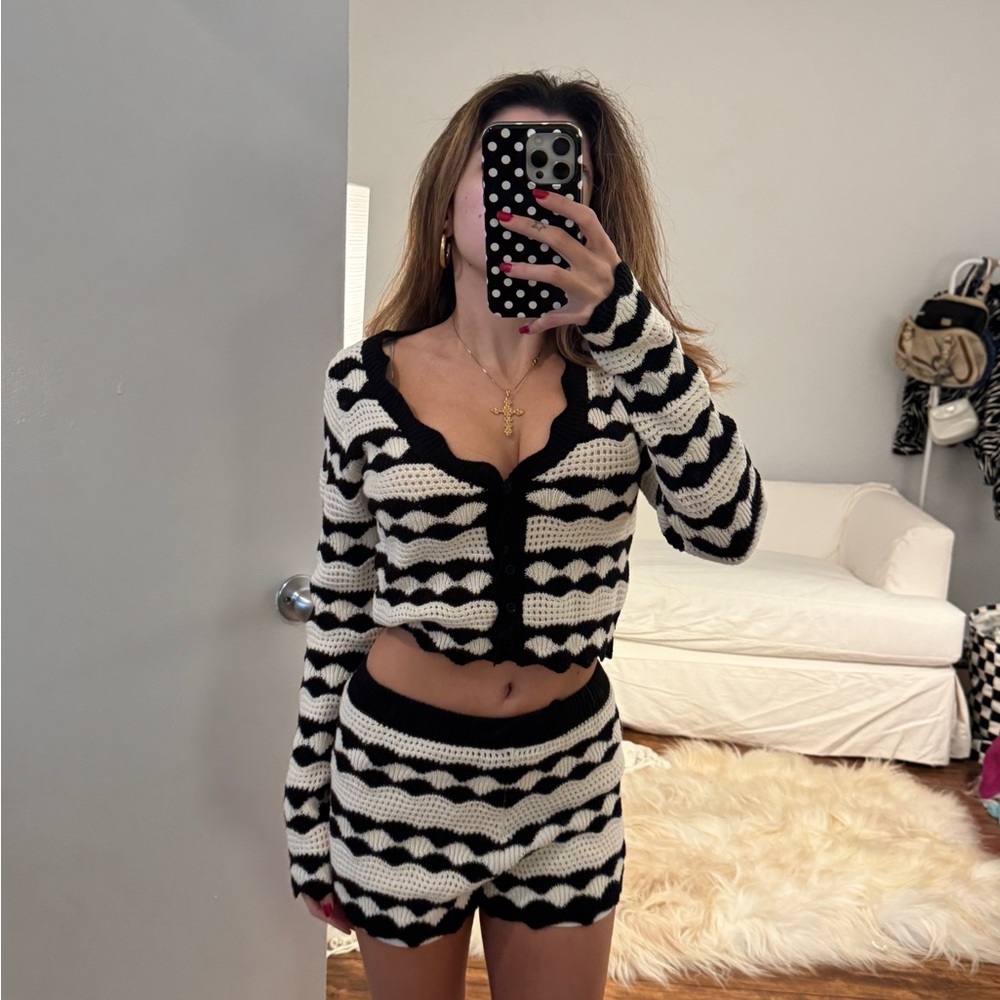 ivory cream & black striped crochet knit set - Picture 9 of 13